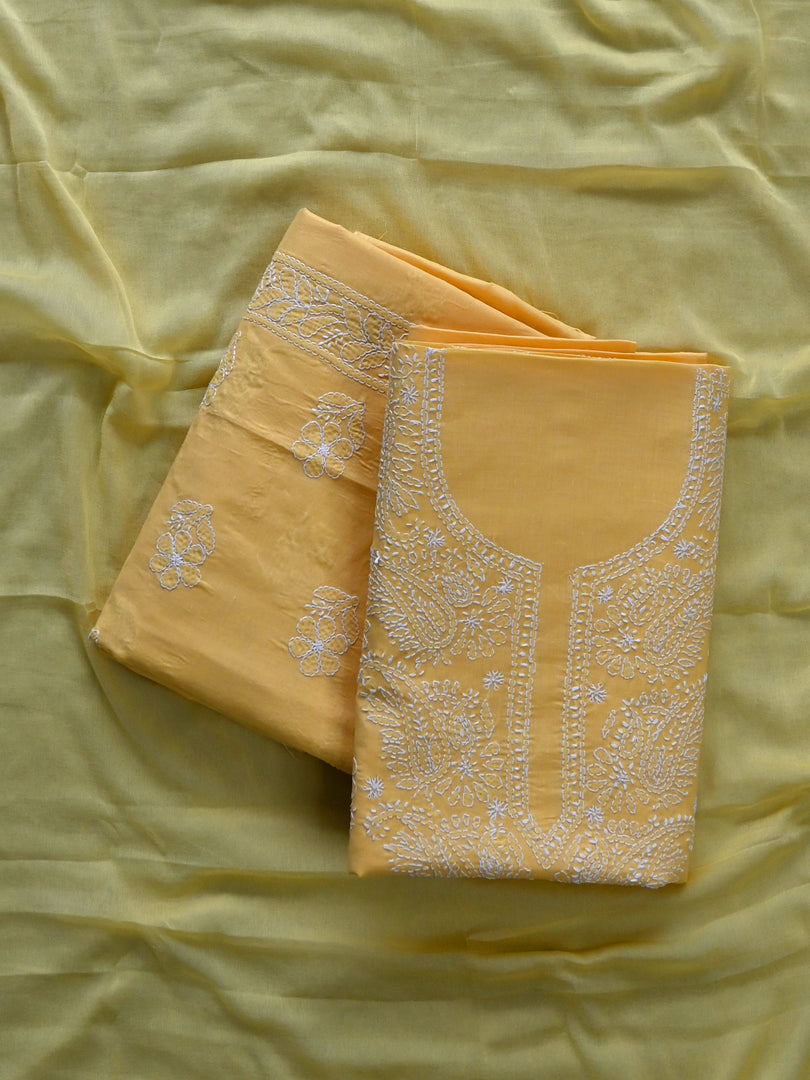 Seva Chikan Hand Embroidered Yellow Cotton Lucknowi Chikankari Unstitched Suit Piece-SCL13058