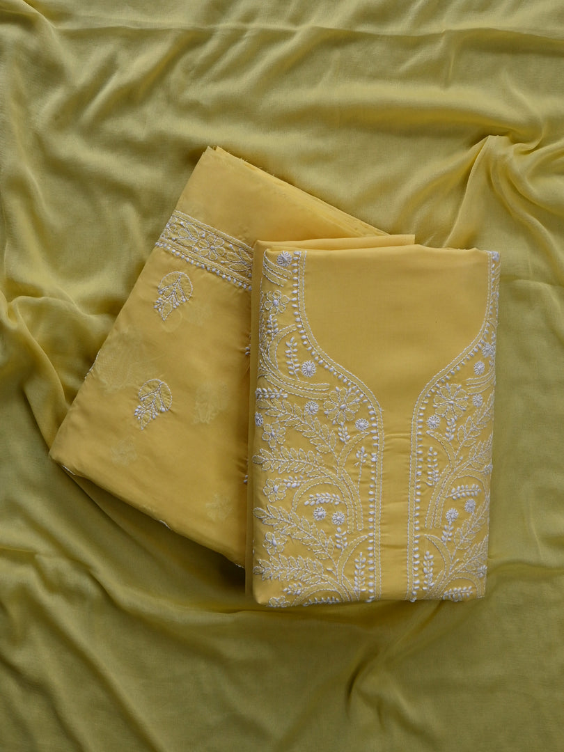 Seva Chikan Hand Embroidered Yellow Cotton Lucknowi Chikankari Unstitched Suit Piece-SCL13053