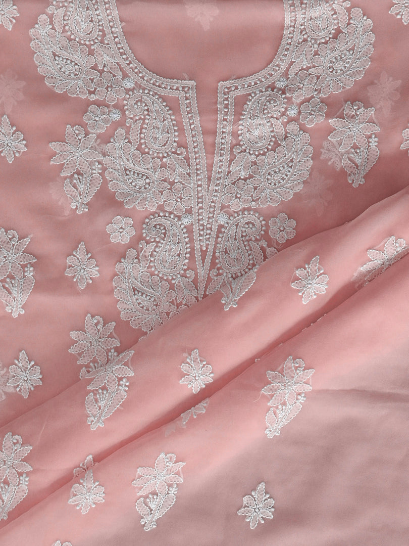 Seva Chikan Hand Embroidered Peach Georgette Lucknowi Chikankari Unstitched Suit Piece-SCL13124