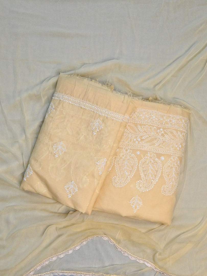 Seva Chikan Hand Embroidered Beige Terivoil Cotton Lucknowi Chikankari Unstitched Suit Piece-SCL13027