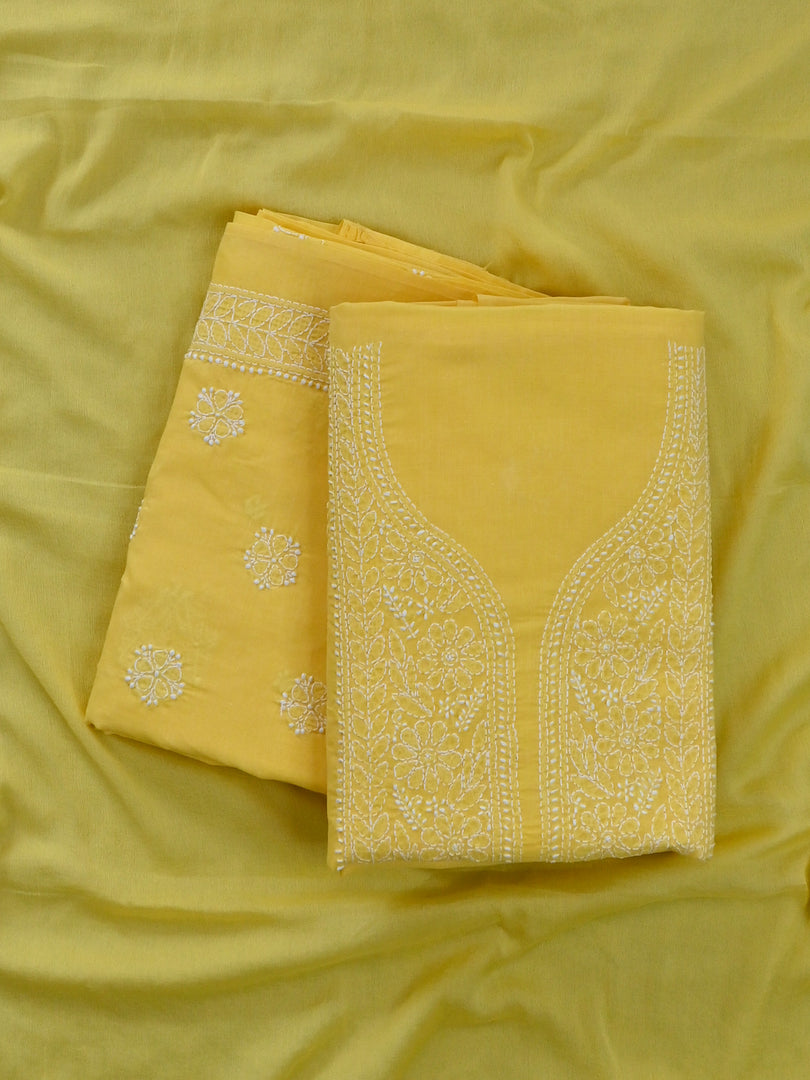 Seva Chikan Hand Embroidered Yellow Cotton Lucknowi Chikankari Unstitched Suit Piece-SCL13099