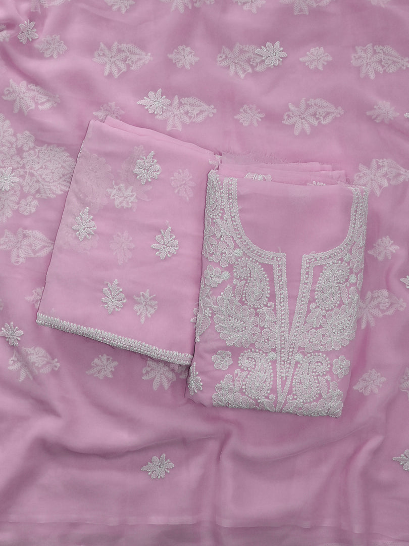 Seva Chikan Hand Embroidered Pink Georgette Lucknowi Chikankari Unstitched Suit Piece-SCL13125