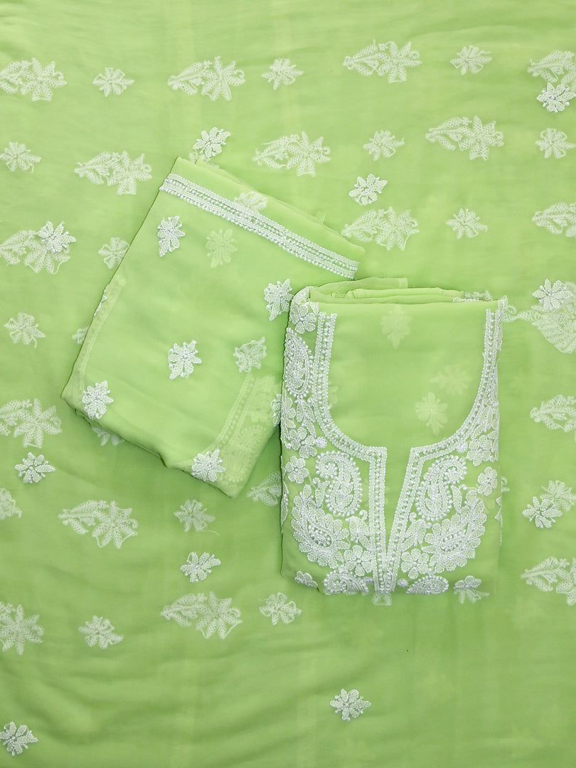 Seva Chikan Hand Embroidered Pista Green Georgette Lucknowi Chikankari Unstitched Suit Piece-SCL13127