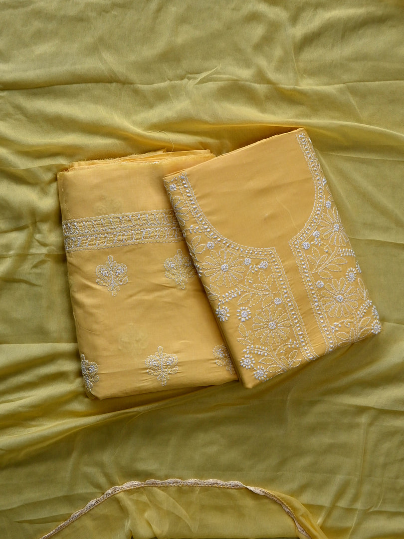 Seva Chikan Hand Embroidered Yellow Cotton Lucknowi Chikankari Unstitched Suit Piece-SCL13071