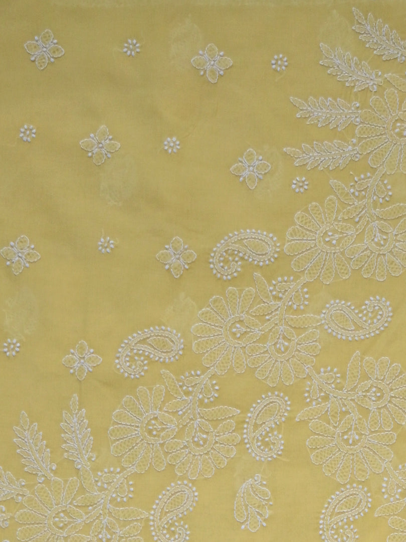 Seva Chikan Hand Embroidered Yellow Terivoil Cotton Lucknowi Chikankari Unstitched Suit Piece-SCL13012