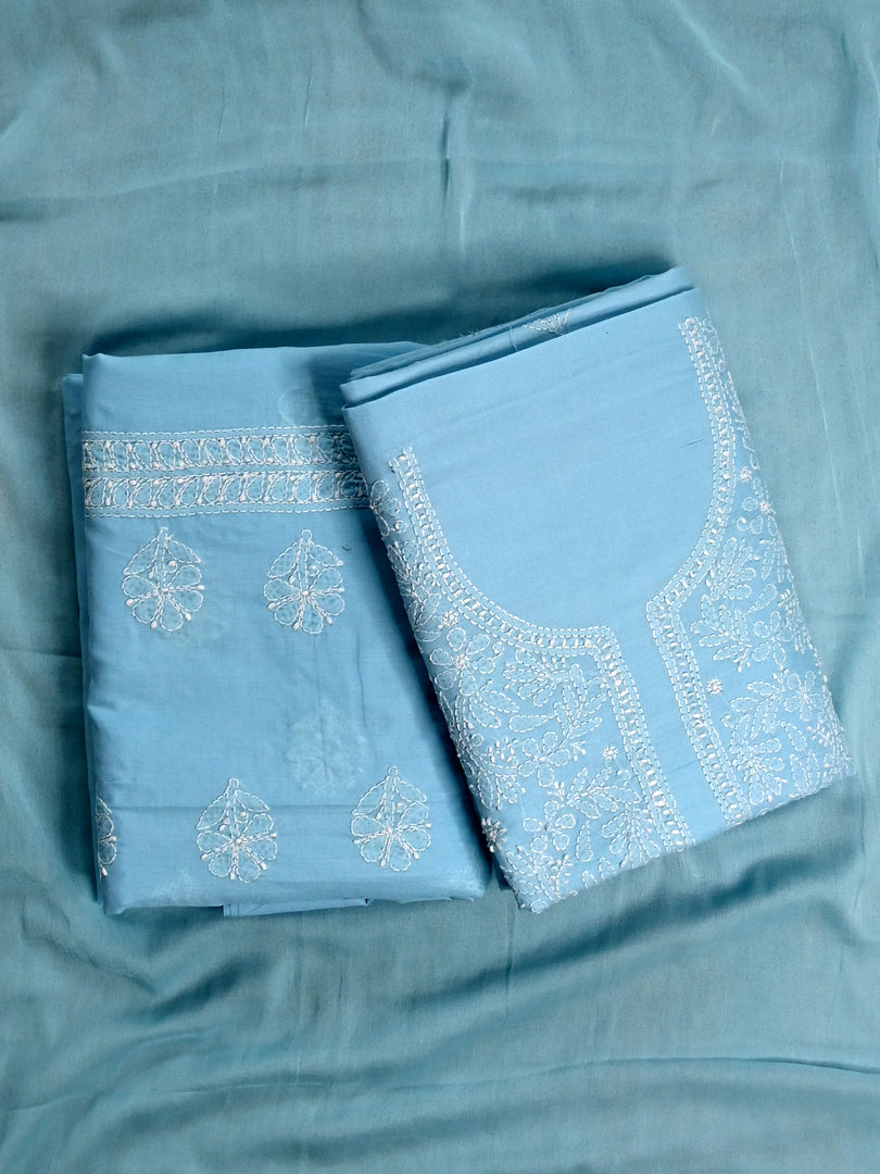 Seva Chikan Hand Embroidered Blue Cotton Lucknowi Chikankari Unstitched Suit Piece-SCL13067