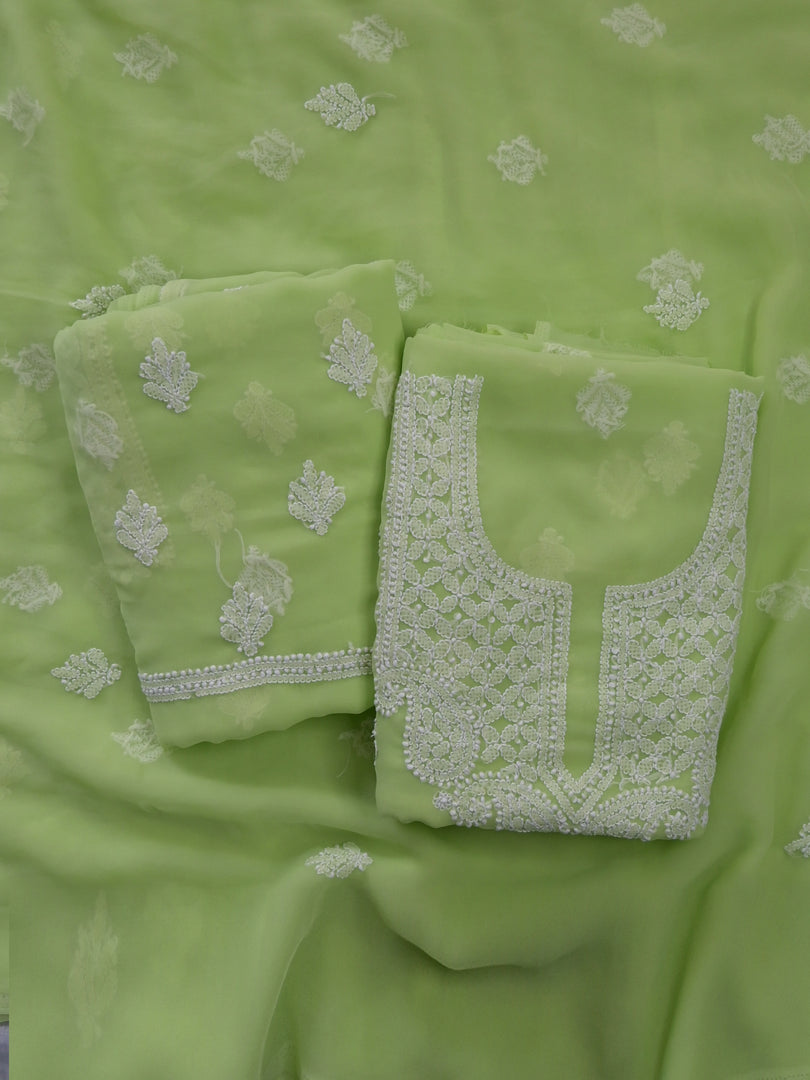 Seva Chikan Hand Embroidered Green Georgette Lucknowi Chikankari Unstitched Suit Piece-SCL13113