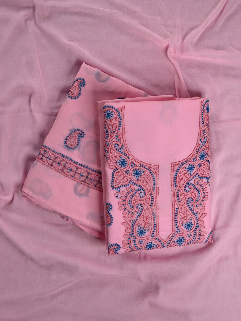 Seva Chikan Hand Embroidered Pink Cotton Lucknowi Chikankari Unstitched Suit Piece-SCL13107