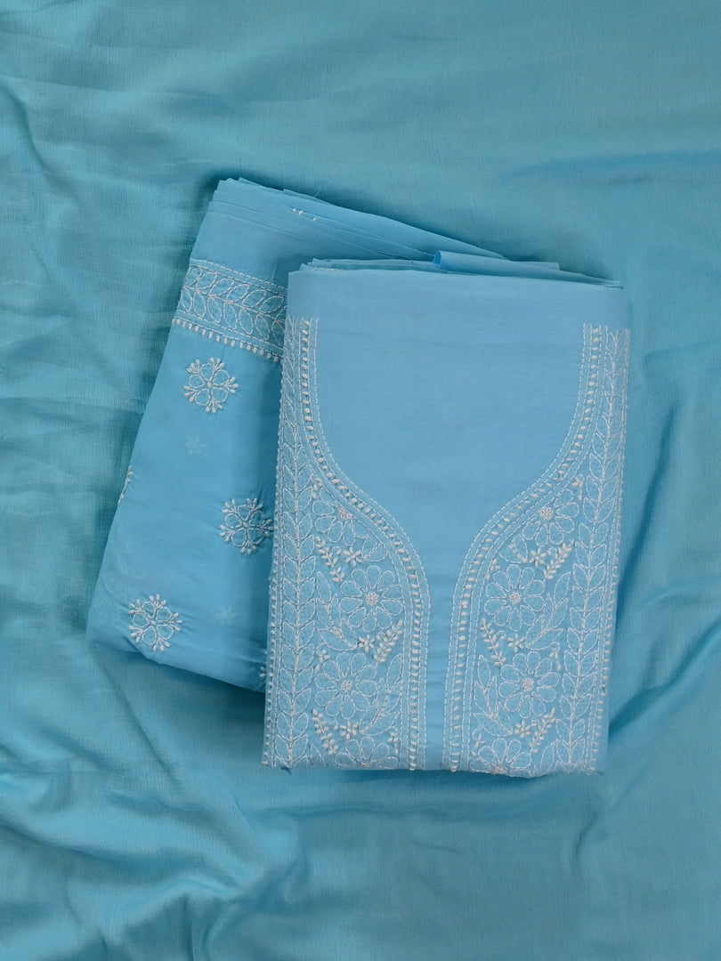 Seva Chikan Hand Embroidered Blue Cotton Lucknowi Chikankari Unstitched Suit Piece-SCL13102