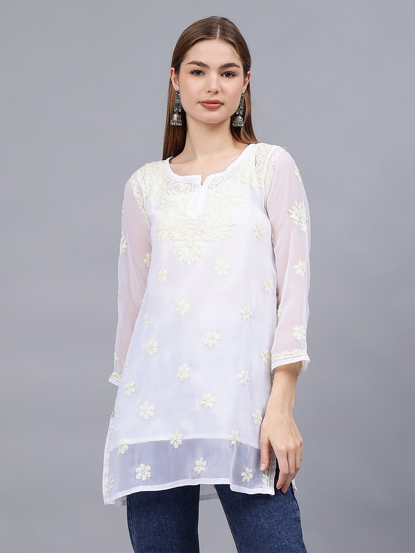 Seva Chikan Hand Embroidered Georgette Lucknowi Chikankari Top With Slip