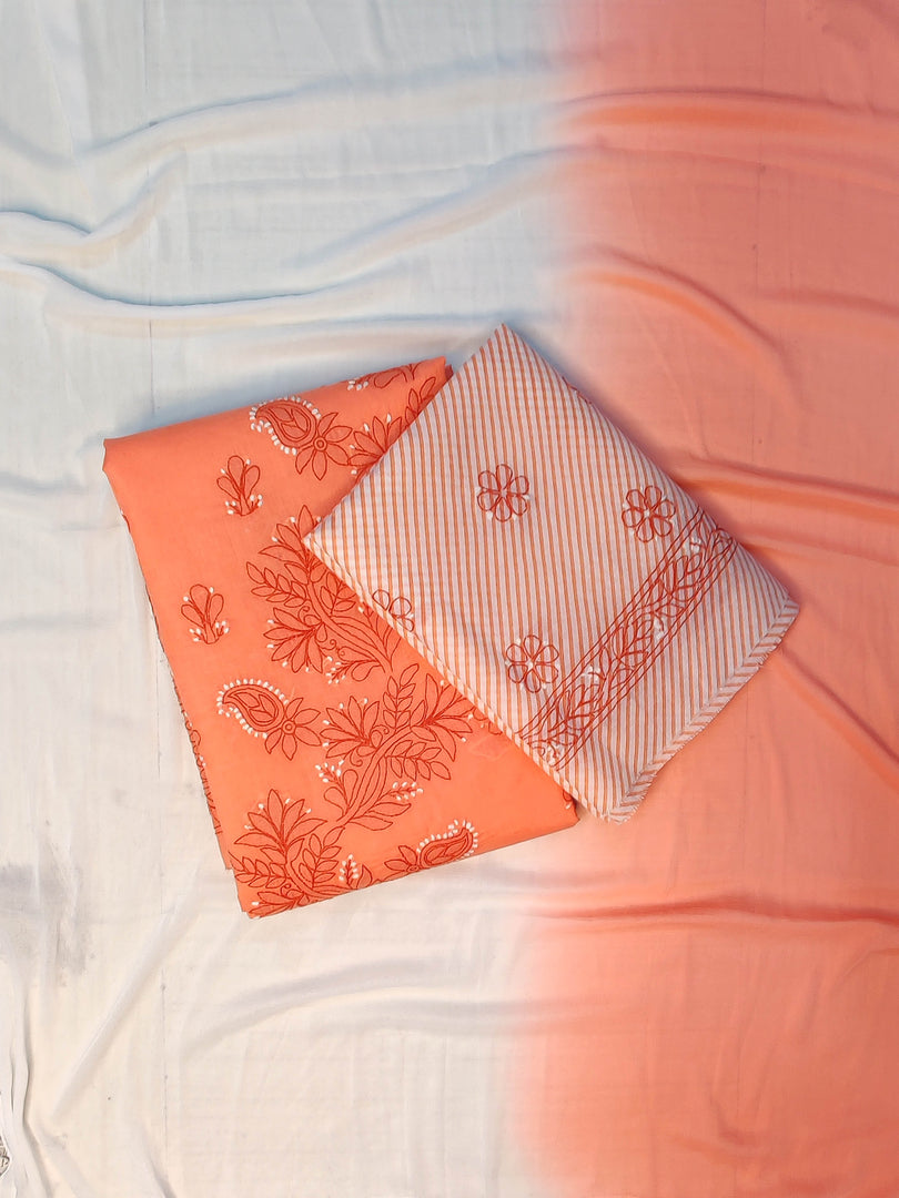 Seva Chikan Hand Embroidered Peach Terivoil Cotton Lucknowi Chikankari Unstitched Suit Piece-SCL13005