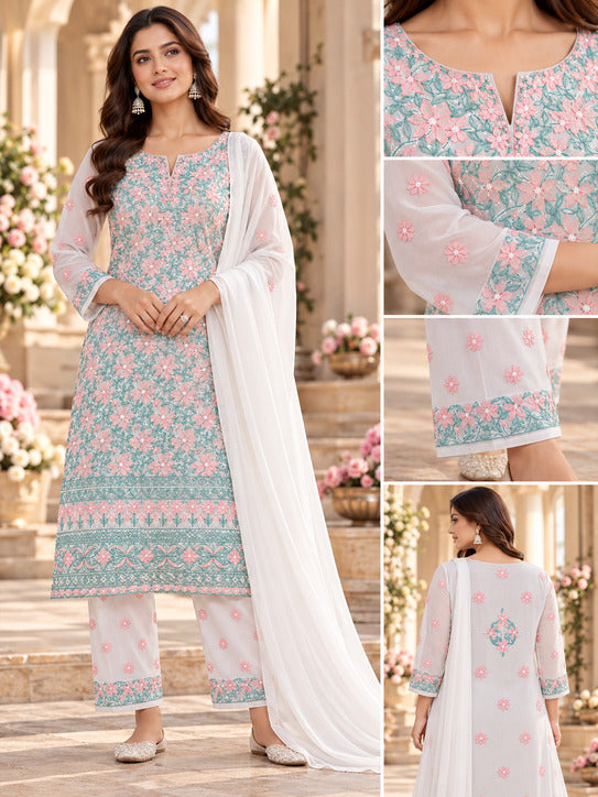 Seva Chikan Hand Embroidered White base Terivoil Cotton Lucknowi Chikankari Unstitched Suit Piece-SEV15004