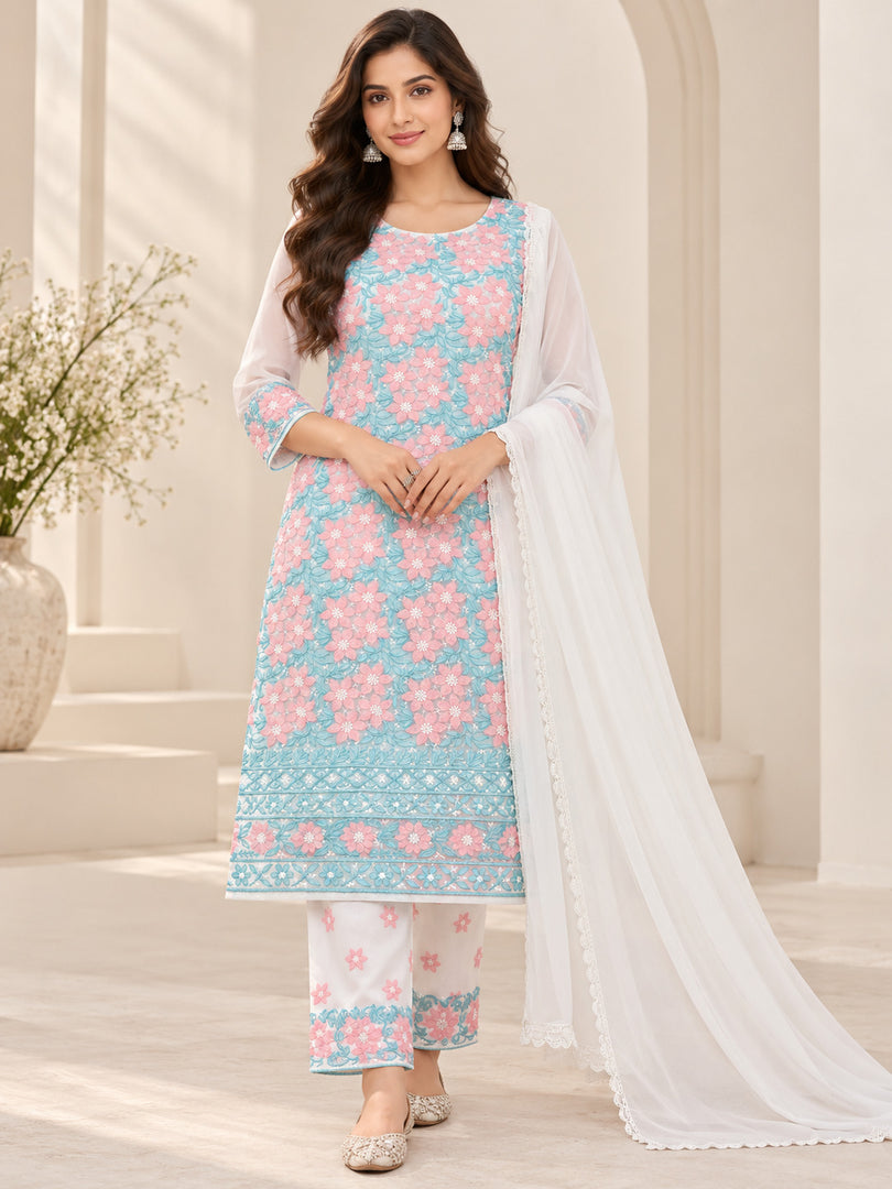 Seva Chikan Hand Embroidered White Terivoil Cotton Lucknowi Chikankari Unstitched Suit Piece-SEV15012