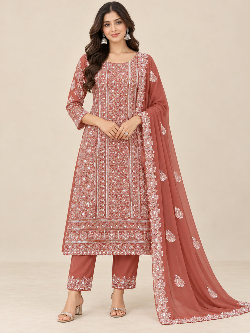 Seva Chikan Hand Embroidered Red Georgette Lucknowi Chikankari Unstitched Suit Piece-SEV15060