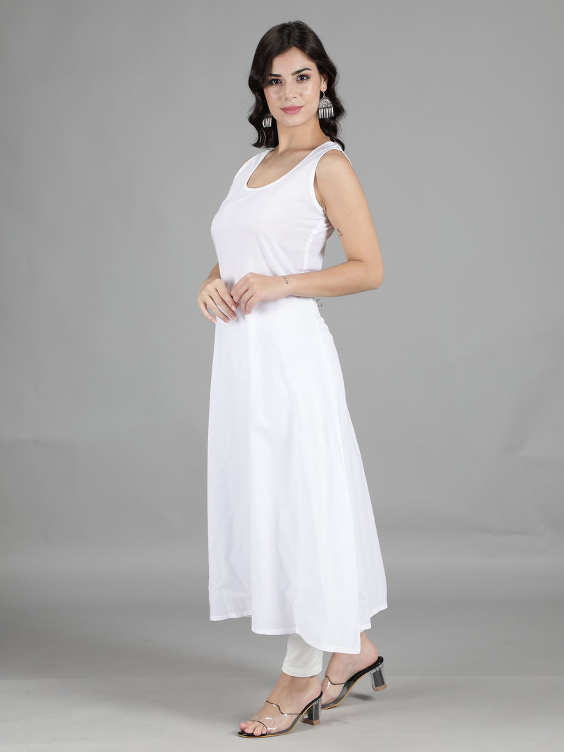 Seva Chikan White Cotton Long A-Line Slip- SCL5001