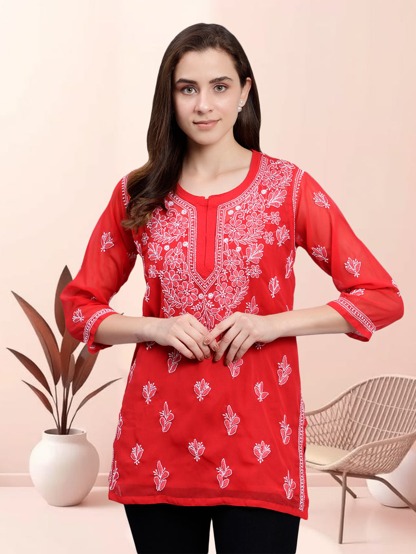 Seva Chikan Hand Embroidered Georgette Lucknowi Chikankari Top With Slip
