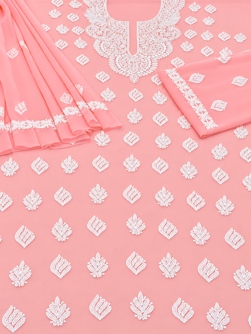 Seva Chikan Hand Embroidered Peach Georgette Lucknowi Chikankari Unstitched Suit Piece-SEV15048