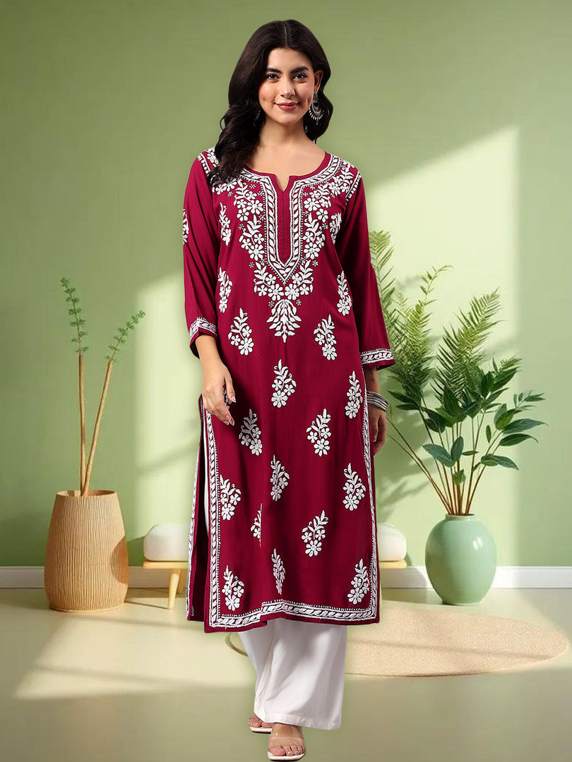 Seva Chikan Hand Embroidered Lucknowi Chikankari Purple Rayon Kurta SCL4508