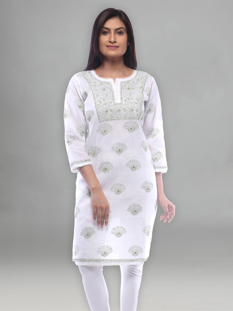 Seva Chikan Hand Embroidered White Cotton Lucknowi Chikan Kurti-SCL0232
