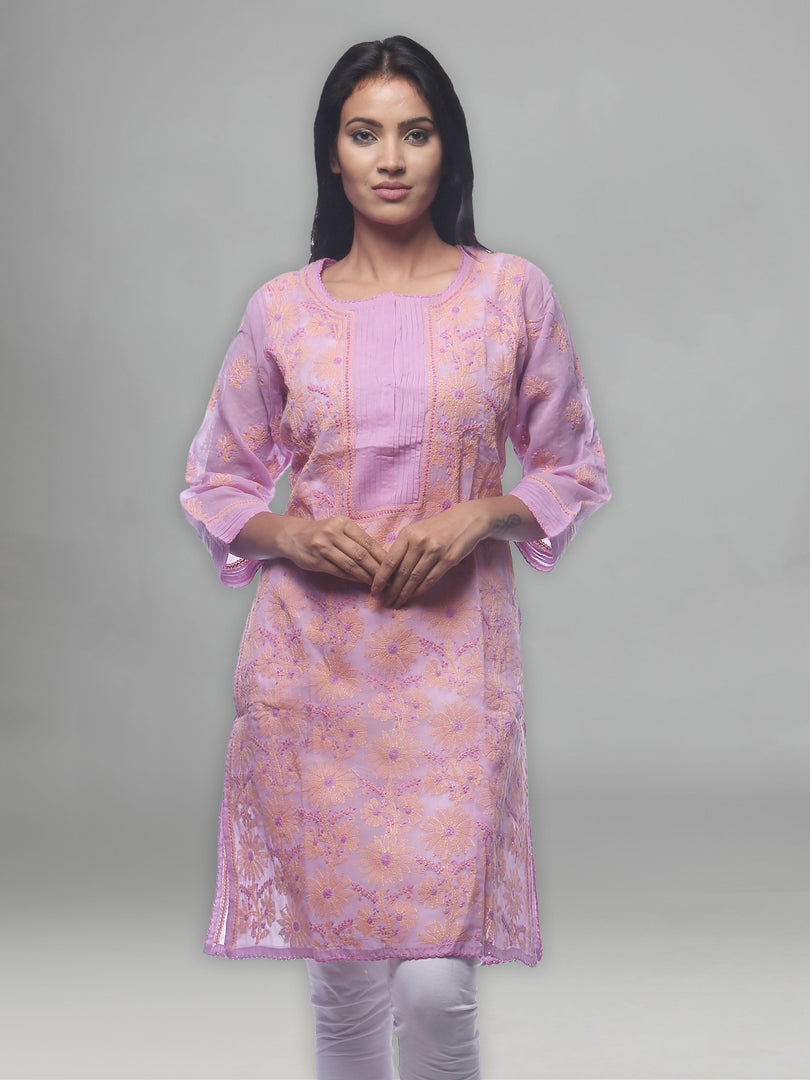 Seva Chikan Hand Embroidered Mauve Cotton Lucknowi Chikan Kurti-SCL0251