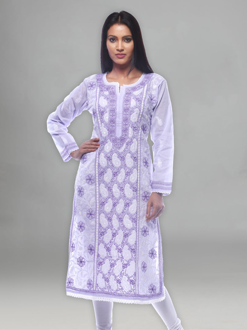 Seva Chikan Hand Embroidered Purple Cotton Lucknowi Chikan Kurti-SCL0254