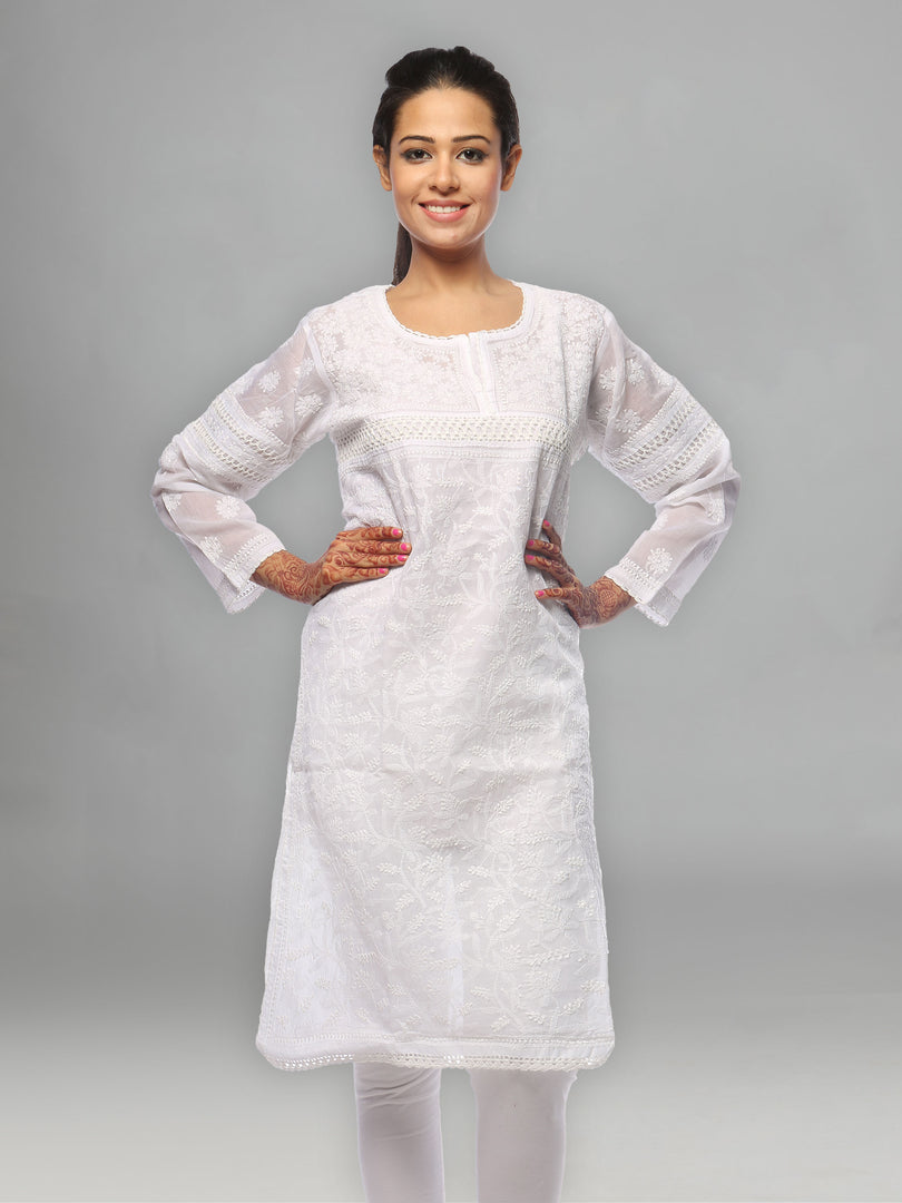 Seva Chikan Hand Embroidered White Cotton Lucknowi Chikan Kurta-SCL0679