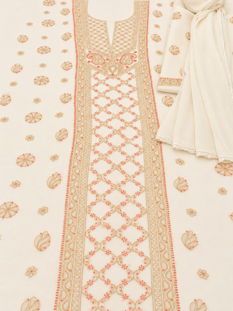 Seva Chikan Hand Embroidere Cream Terivoil Cotton Lucknowi Chikankari Unstitched Suit Piece-SEV15026