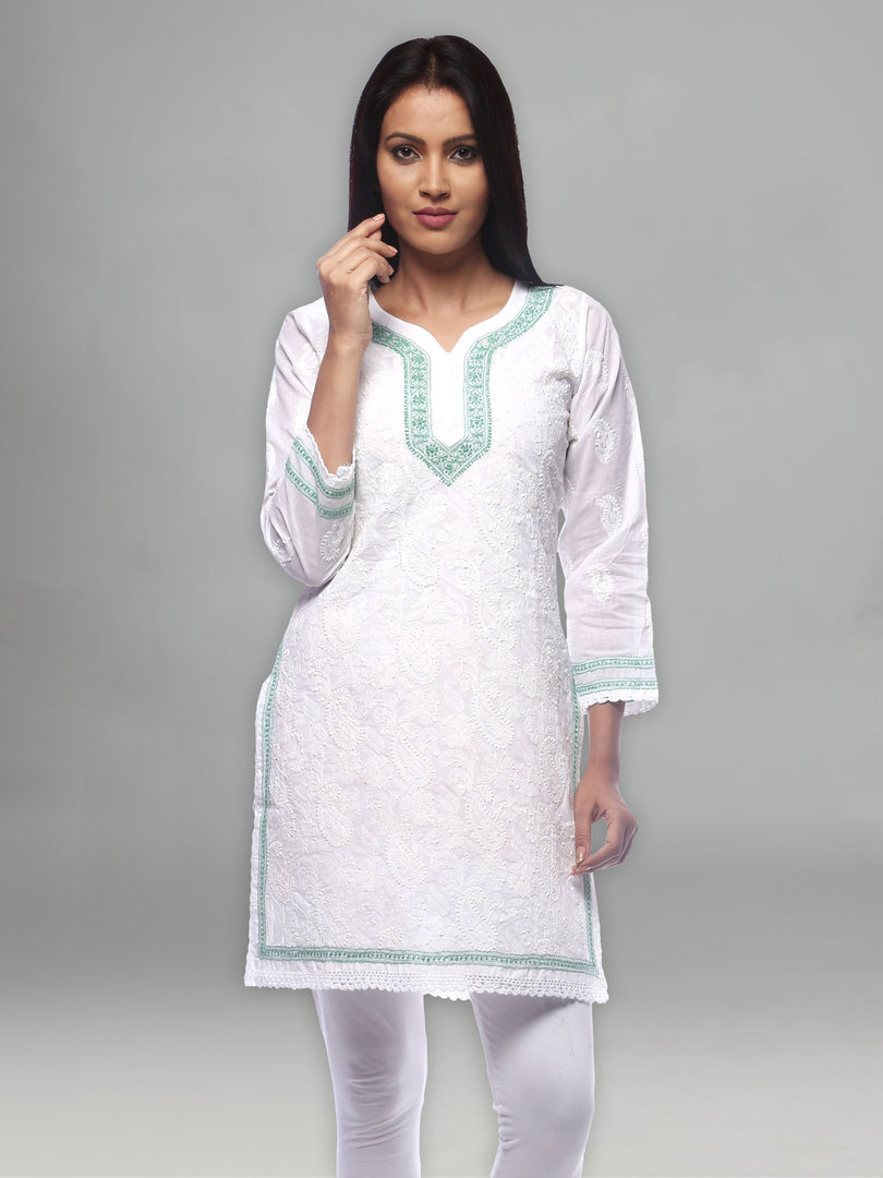 Seva Chikan Hand Embroidered White Cotton Lucknowi Chikan Kurti-SCL0285