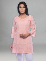 Load image into Gallery viewer, Seva Chikan Hand Embroidered Peach Cotton Lucknowi Chikan Kurti-SCL0286