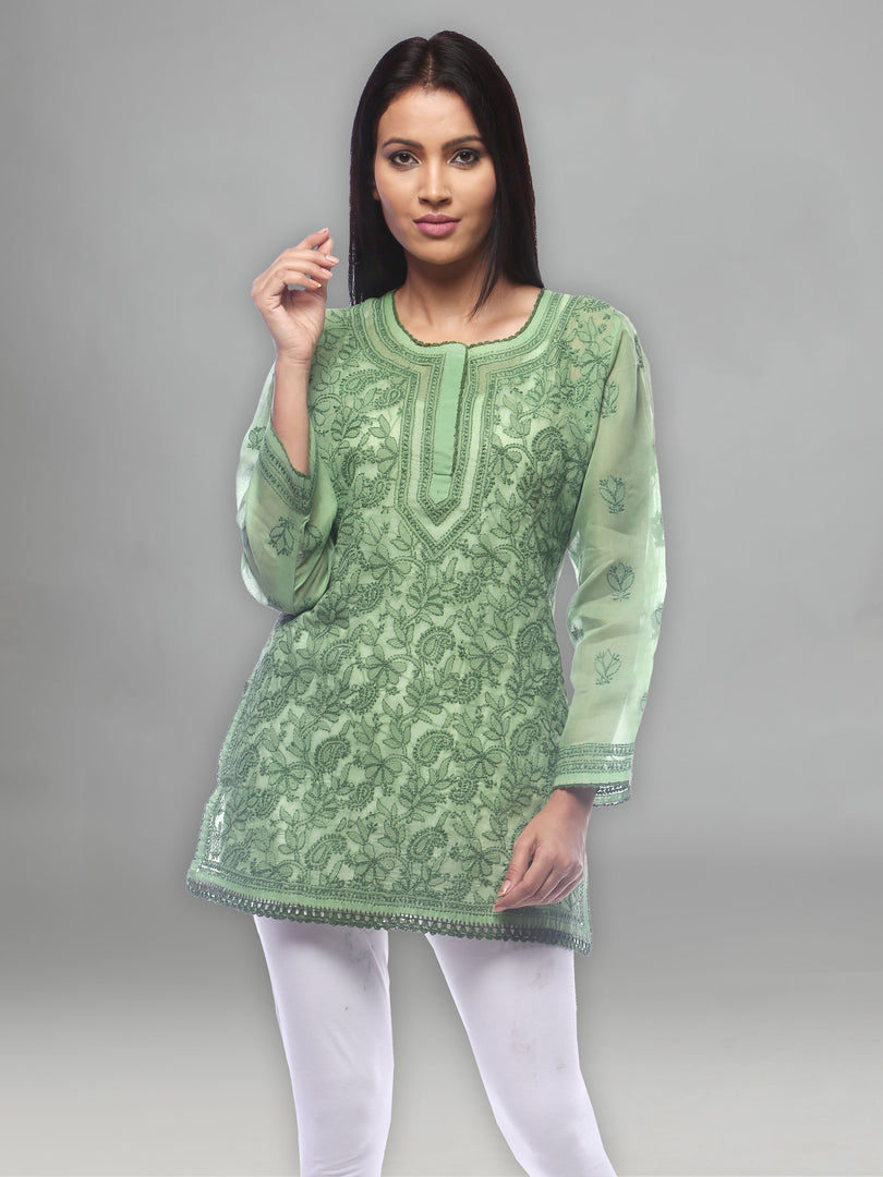 Seva Chikan Hand Embroidered Dark Green Cotton Lucknowi Chikan Short Top-SCL0175