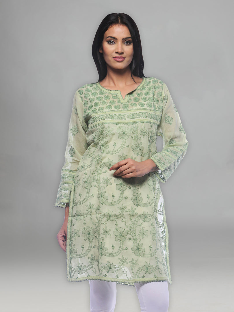 Seva Chikan Hand Embroidered Green Cotton Lucknowi Chikan Kurti-SCL0292