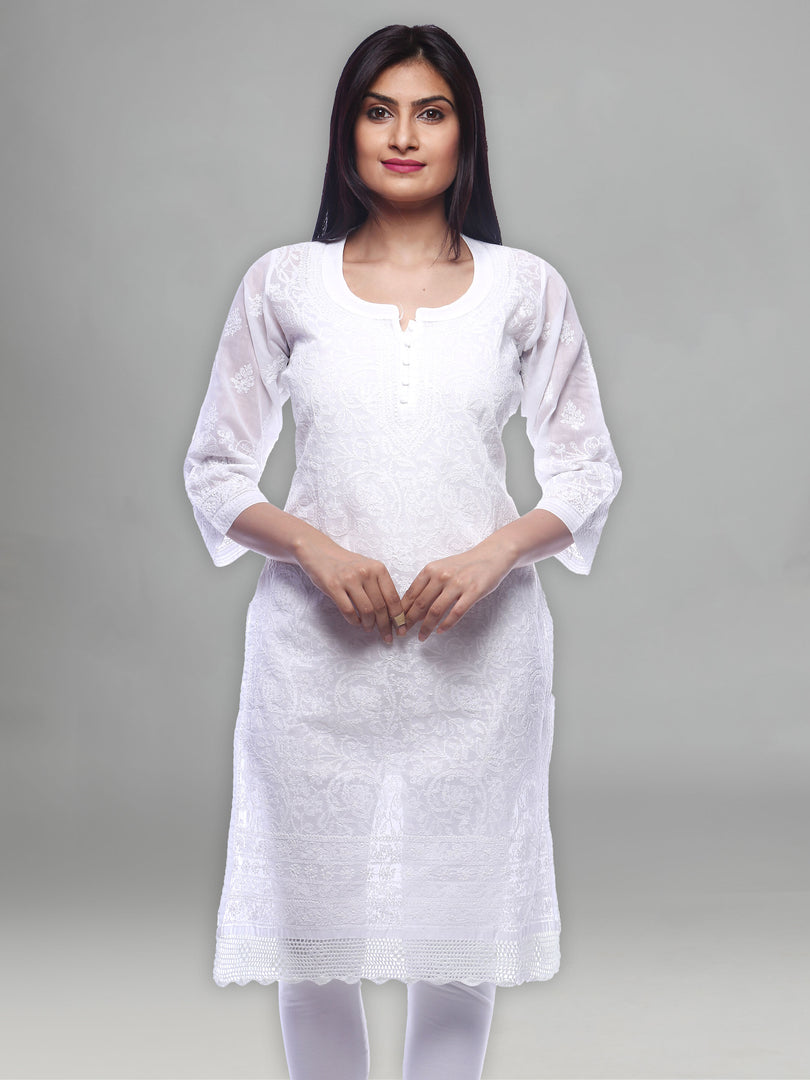 Seva Chikan Hand Embroidered White Cotton Lucknowi Chikan Kurti-SCL0293