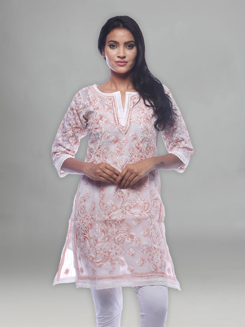 Seva Chikan Hand Embroidered White Cotton Lucknowi Chikan Kurti-SCL0294