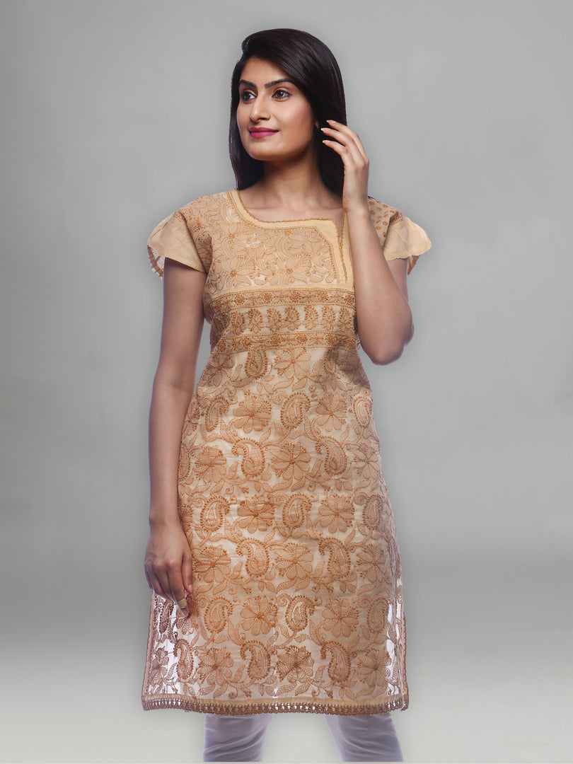 Seva Chikan Hand Embroidered Beige Cotton Lucknowi Chikan Kurti-SCL0210