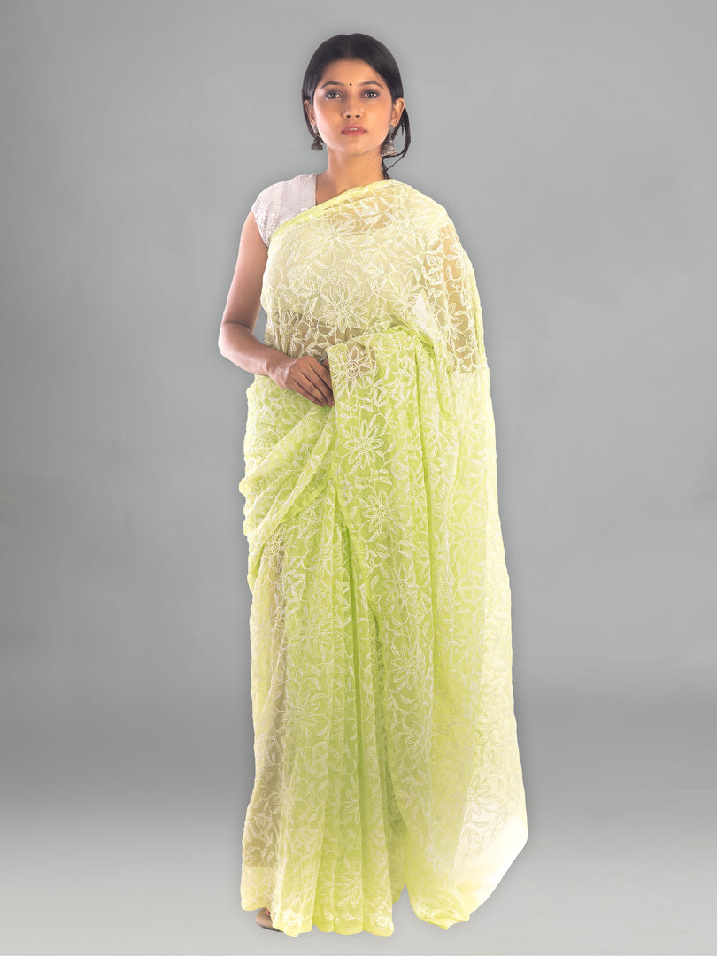 Seva Chikan Hand Embroidered Light Green Georgette Lucknowi Saree-SCL1760