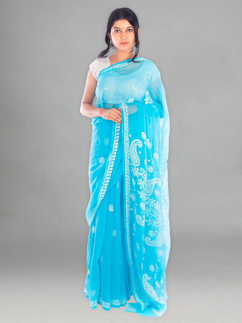 Seva Chikan Hand Embroidered Blue Georgette Lucknowi Saree-SCL1168