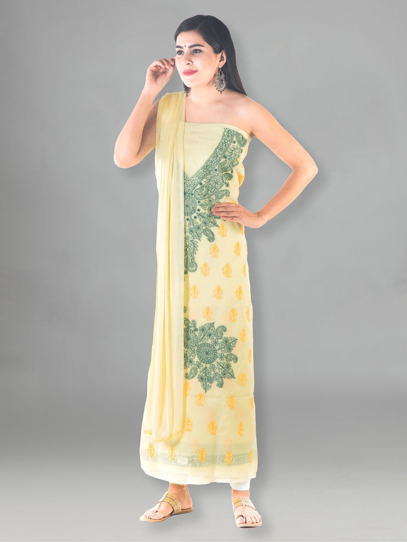 Seva Chikan Hand Embroidered Light Yellow Cotton Lucknowi Chikan Unstitched Suit Piece-SCL1493