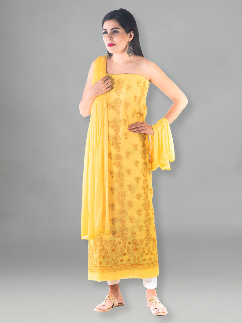 Seva Chikan Hand Embroidered Golden Yellow Cotton Lucknowi Chikan Unstitched Suit Piece-SCL1495