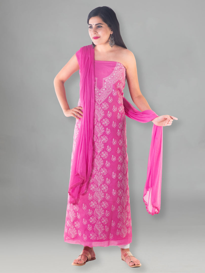 Seva Chikan Hand Embroidered Dark Pink Cotton Lucknowi Chikan Unstitched Suit Piece-SCL1496