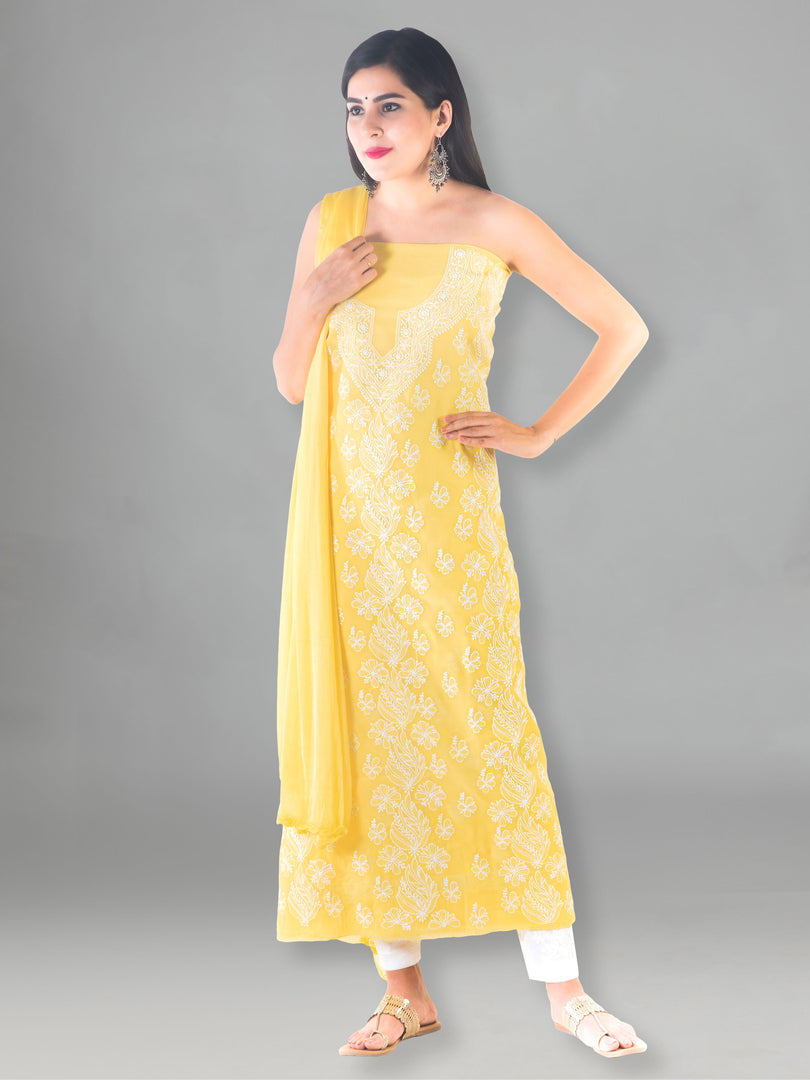 Seva Chikan Hand Embroidered Yellow Cotton Lucknowi Chikan Unstitched Suit Piece SCL1498