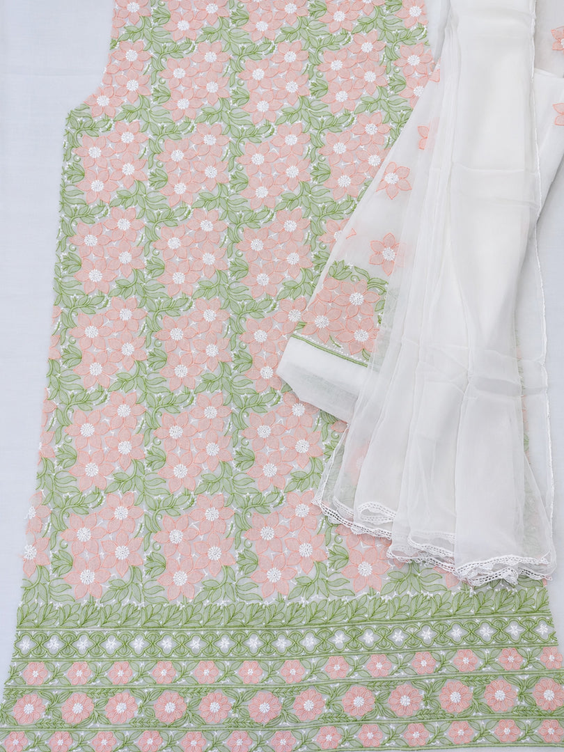 Seva Chikan Hand Embroidered White Terivoil Cotton Lucknowi Chikankari Unstitched Suit Piece-SEV15010
