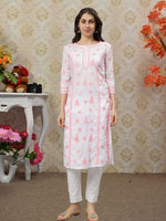 Load image into Gallery viewer, Seva Chikan Embroidered White p Pink Cotton Lucknowi Chikankari Kurta SCL4727