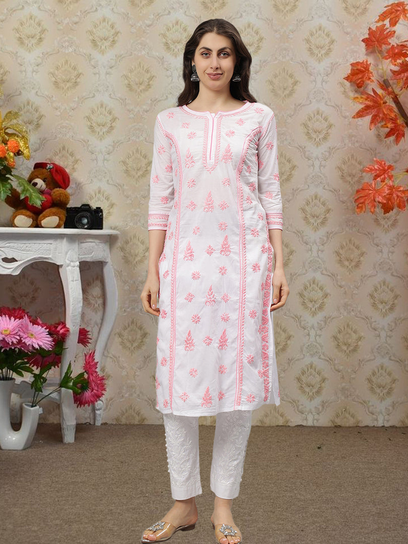 Seva Chikan Embroidered White p Pink Cotton Lucknowi Chikankari Kurta SCL4727