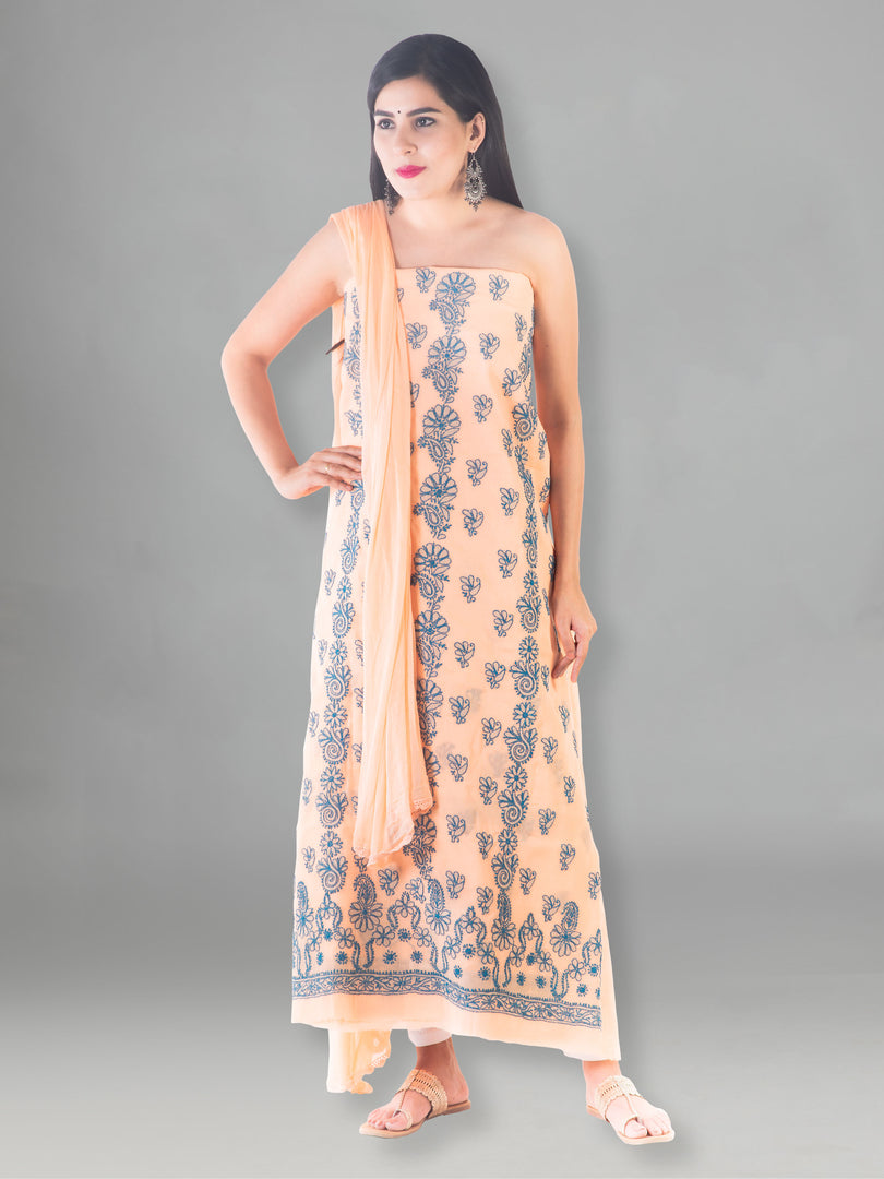 Seva Chikan Hand Embroidered Peach Cotton Lucknowi Chikan Unstitched Suit Piece-SCL1507
