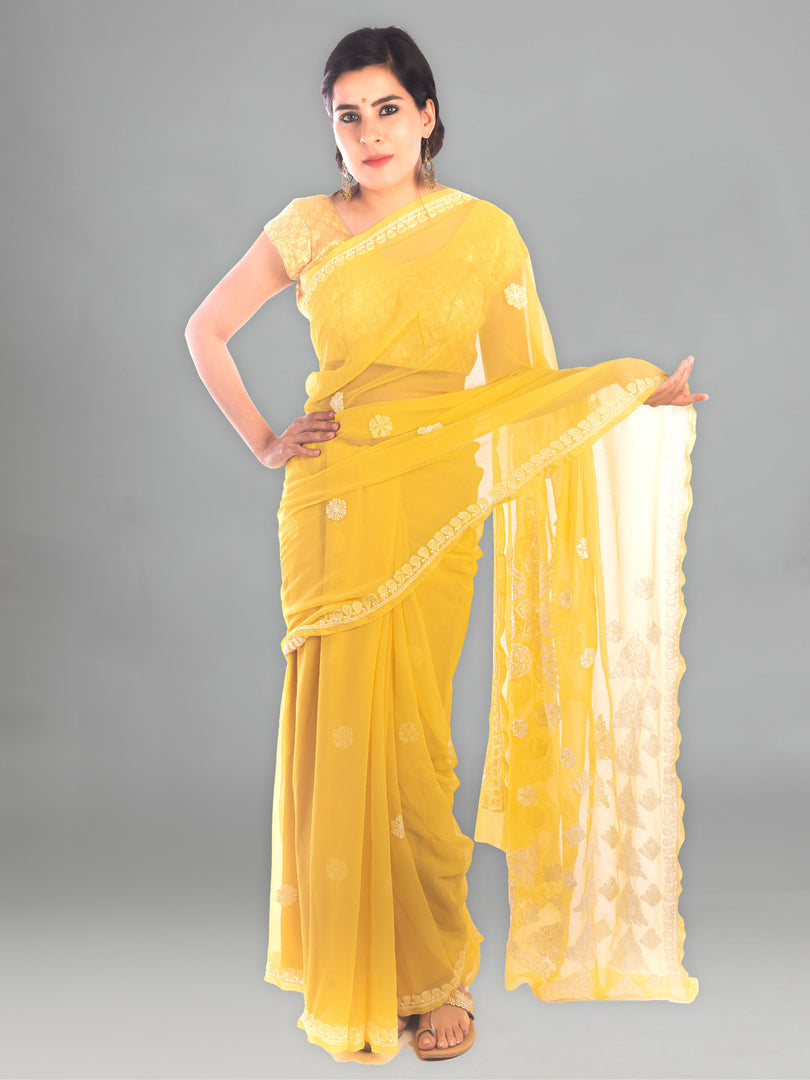 Seva Chikan Hand Embroidered Yellow Georgette Lucknowi Saree-SCL1173