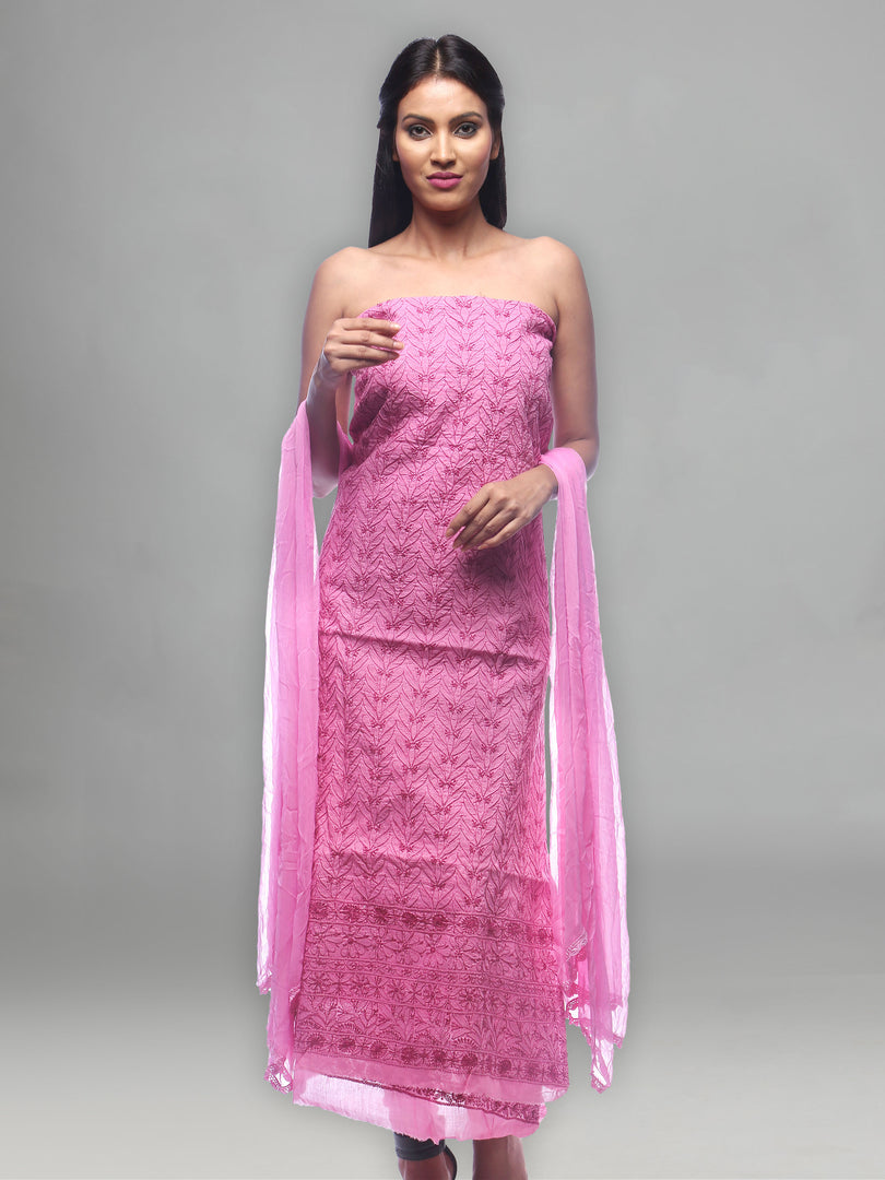 Seva Chikan Hand Embroidered Pink Cotton Lucknowi Chikankari Unstitched Suit Piece-SCL0025