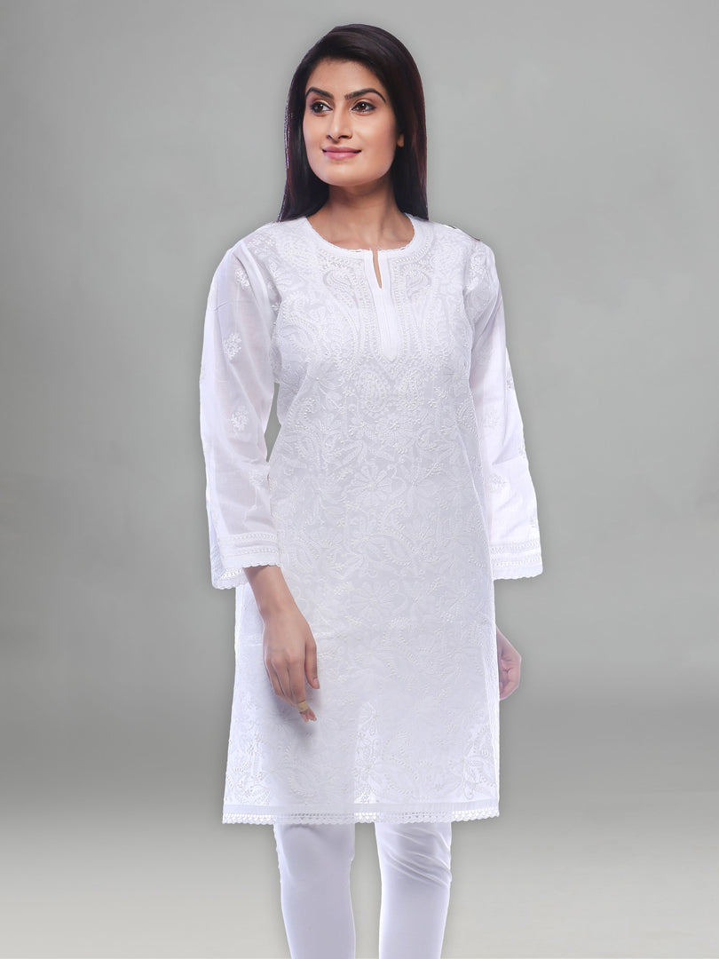 Seva Chikan Hand Embroidered White Cotton Lucknowi Chikan Kurti-SCL0301