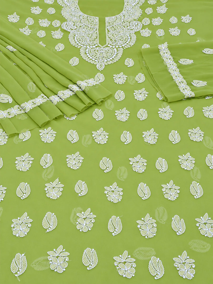 Seva Chikan Hand Embroidered Green Georgette Lucknowi Chikankari Unstitched Suit Piece-SEV15044