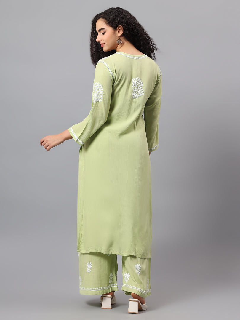 Seva Chikan Hand Embroidered Sage Green Rayon Lucknowi Chikankari Kurta Set SCL8062