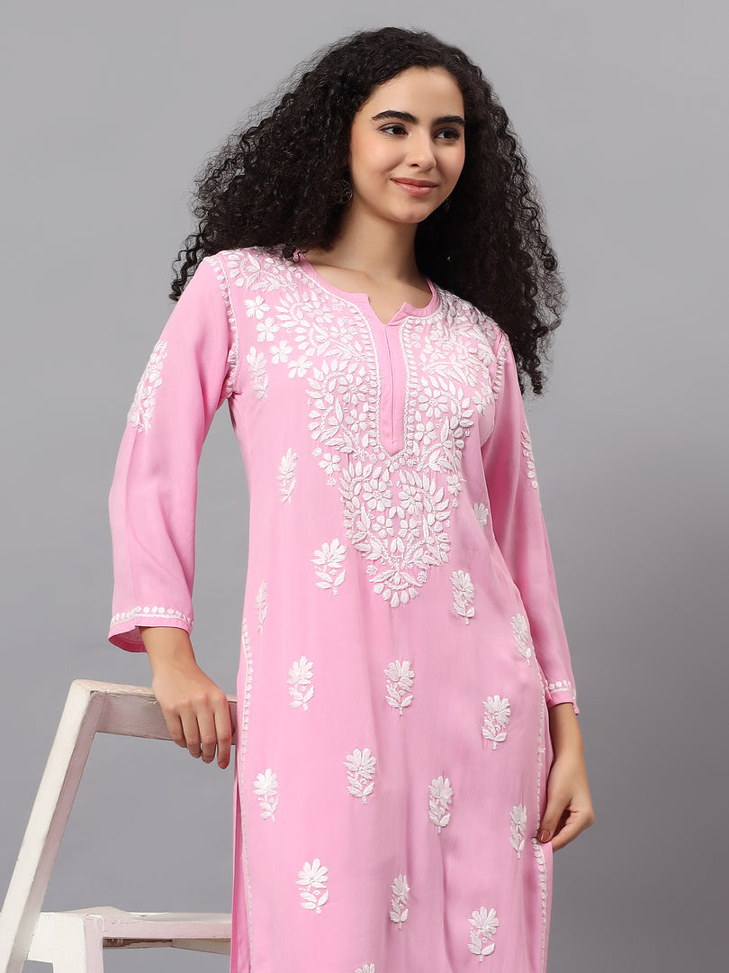 Seva Chikan Hand Embroidered Pink Rayon Lucknowi Chikankari Kurta Set SCL8063
